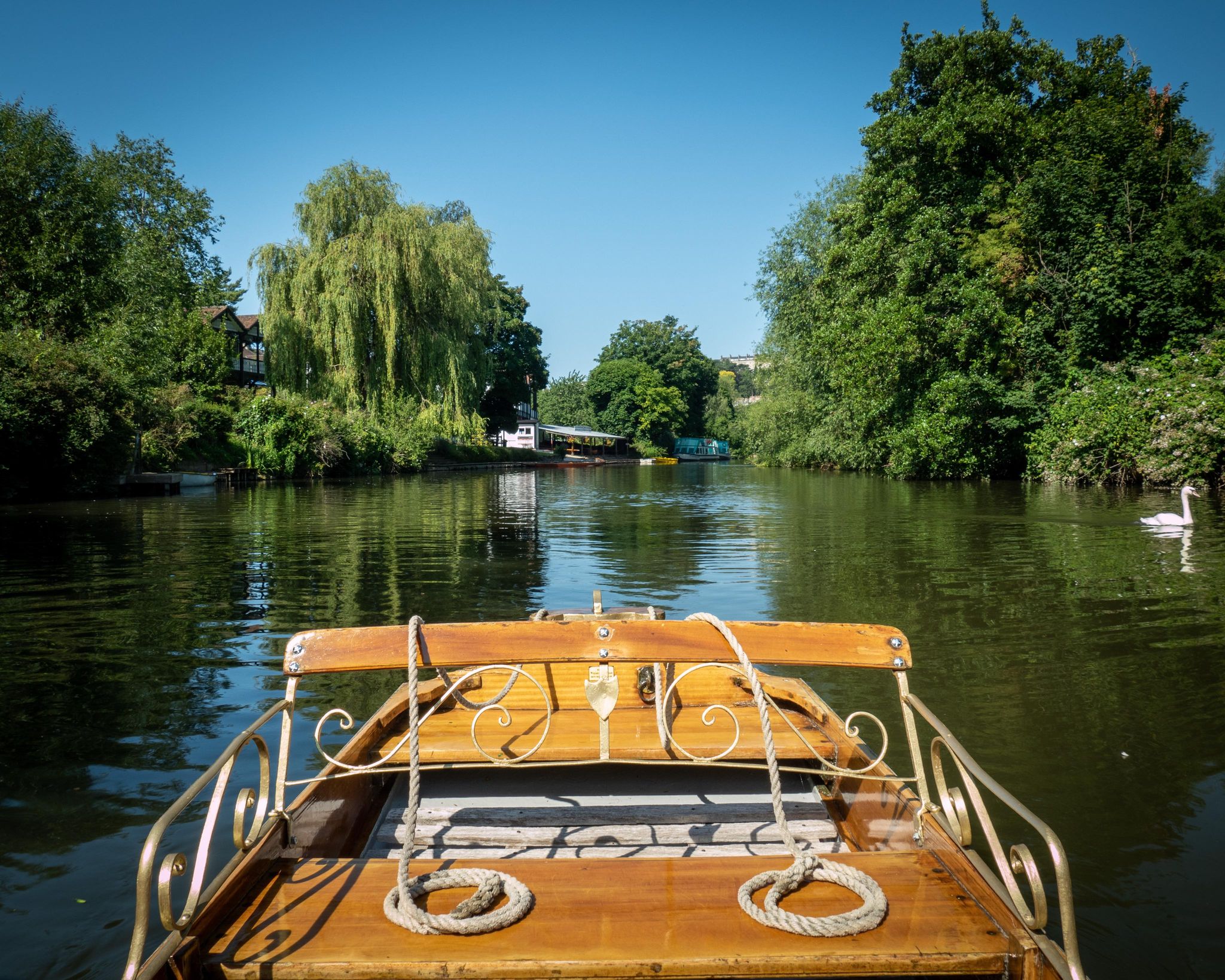 The river Avon and the front of a boat, as viewed from the boat.