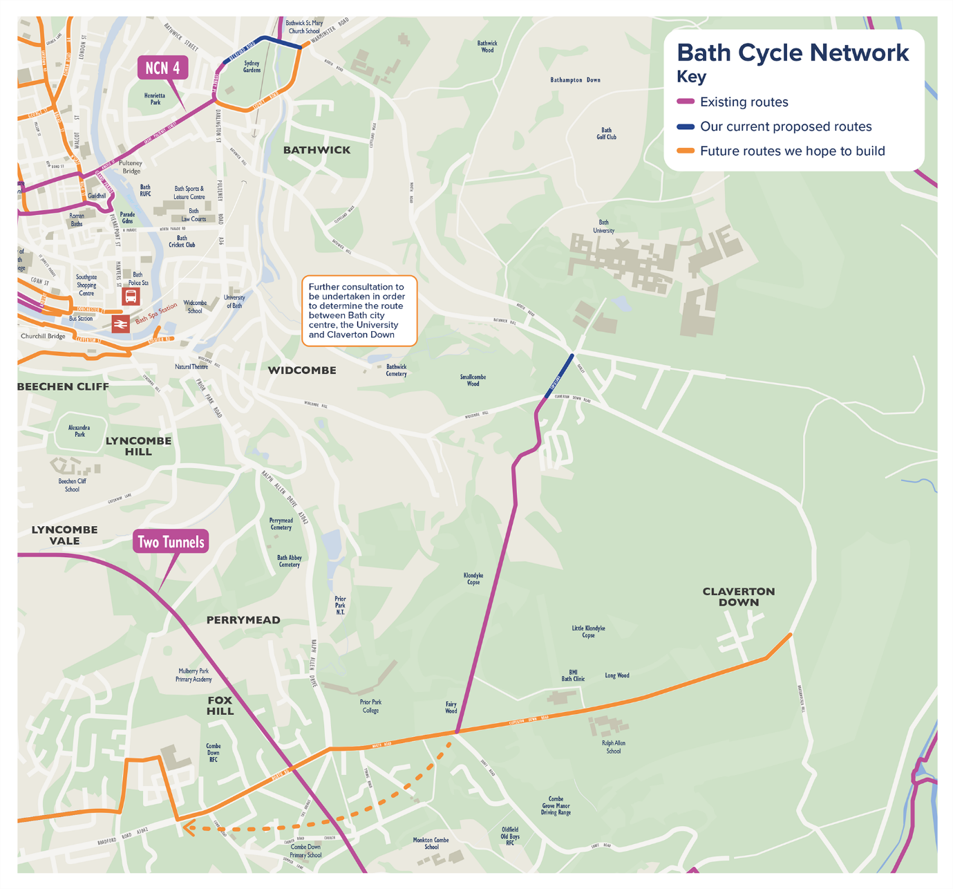 map showing Bath's Cycle Network (south and east)