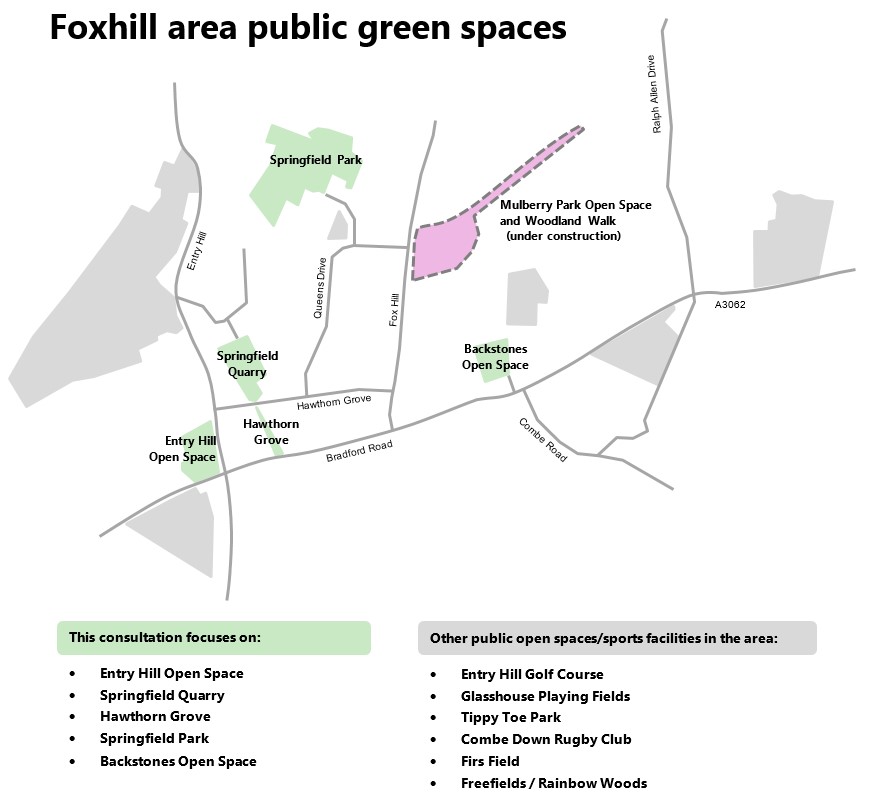 Map of Foxhill area, showing the planned new green space at Mulberry Park, and other nearby public green spaces