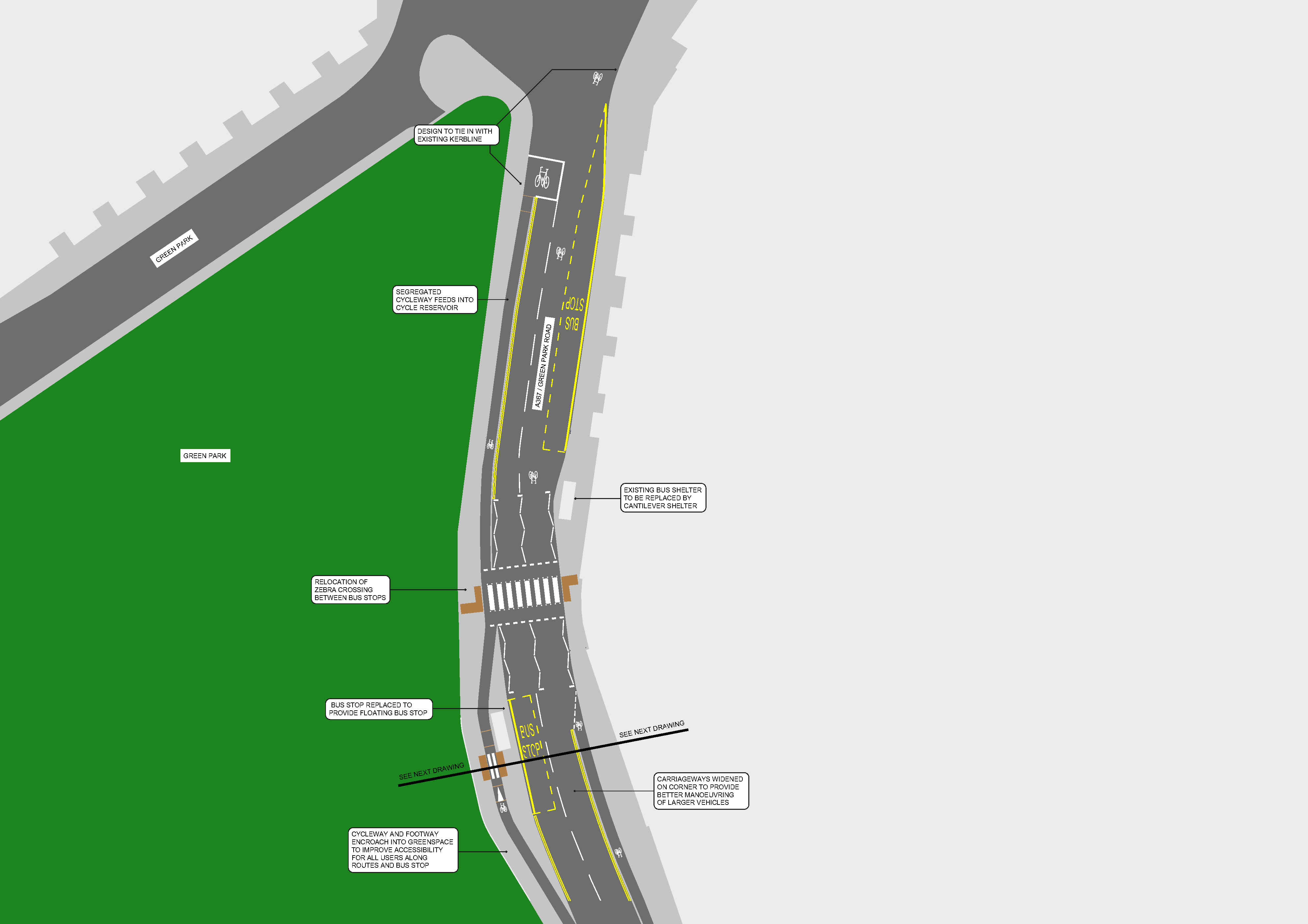 Map of section 1 of the proposed improvements to Green Park Road as part of the Bath Quays Links project.