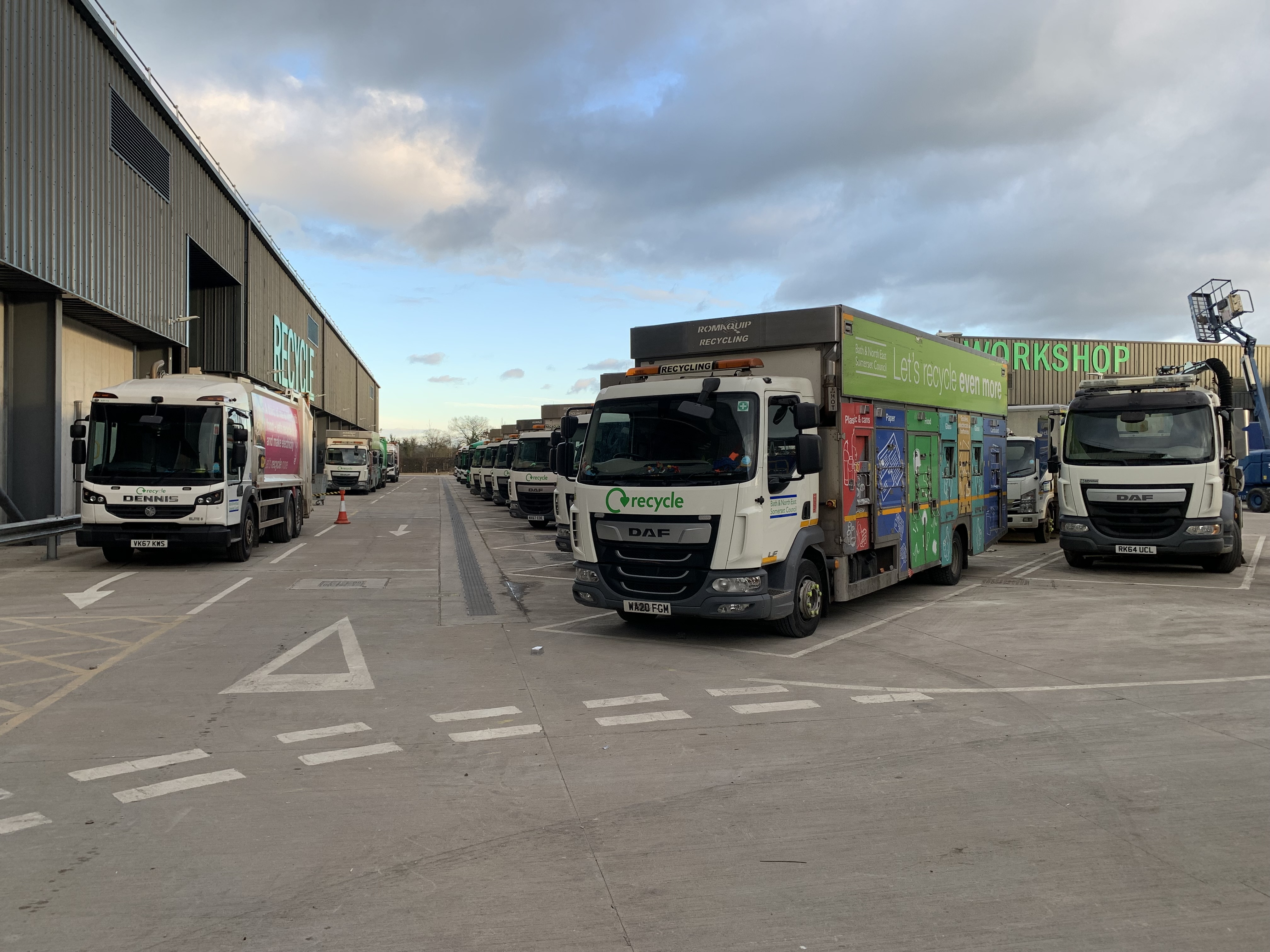 A picture of collection lorries at the Keynsham Recycling Hub