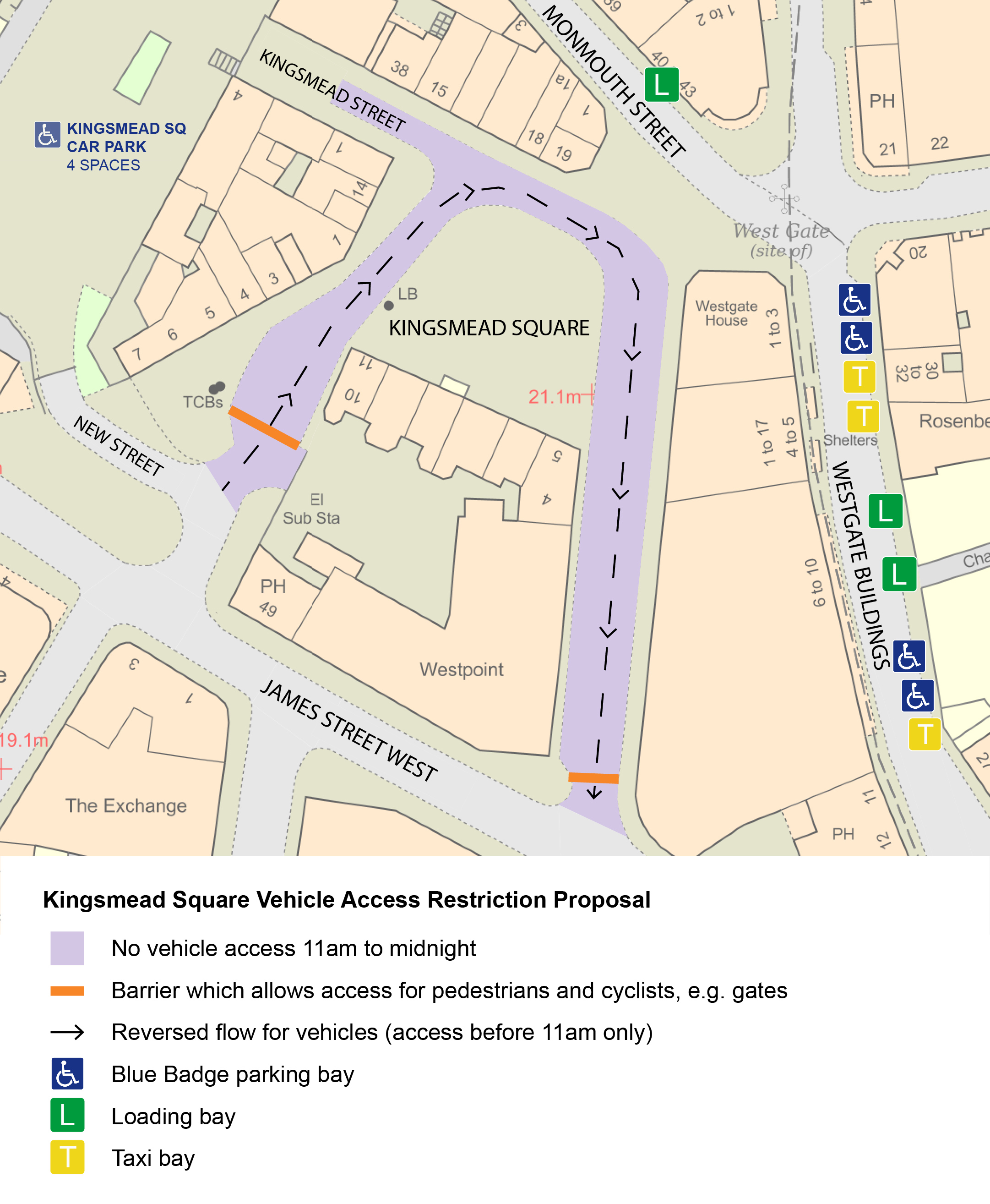 Map of proposed access restriction around Kingsmead Square