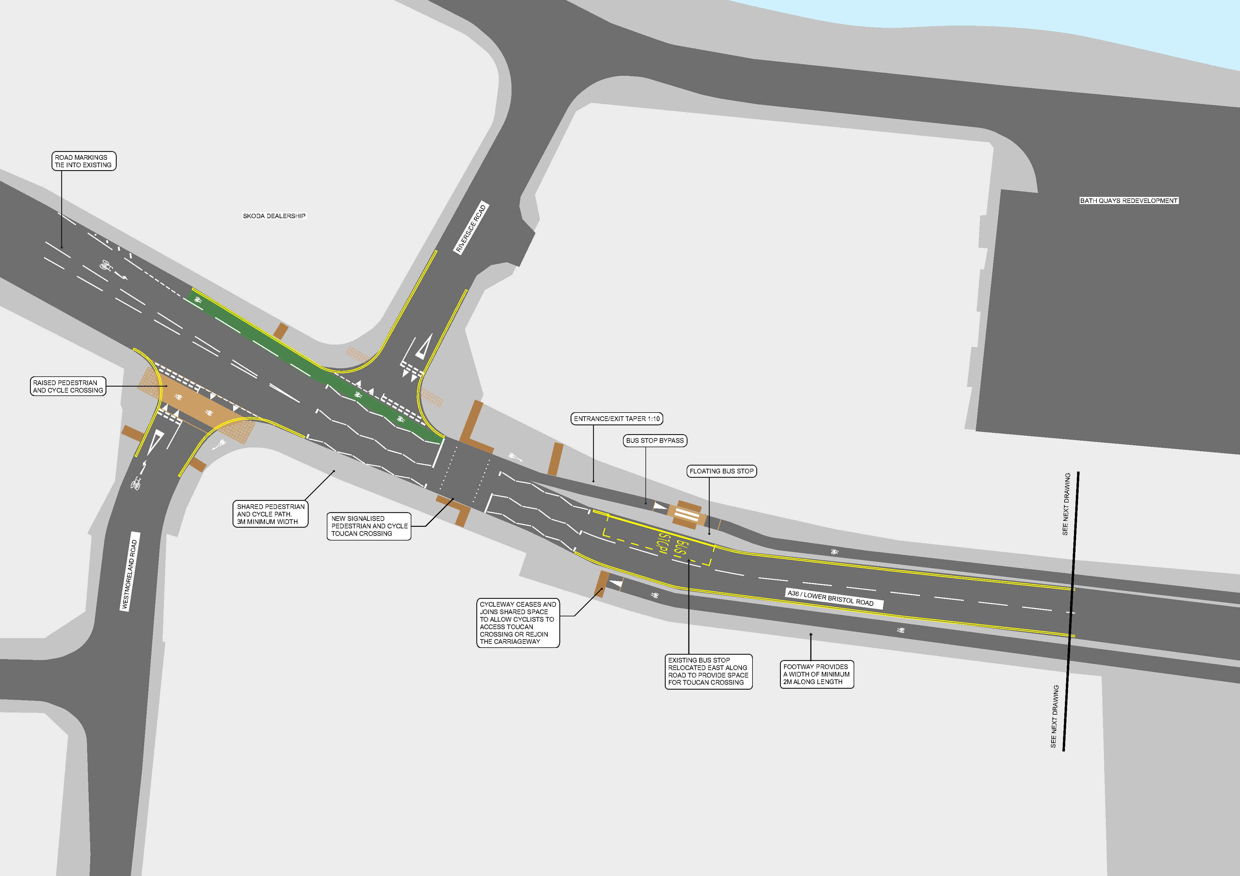 Map of section 1 of the proposed improvements to Lower Bristol Road as part of the Bath Quays Links project.