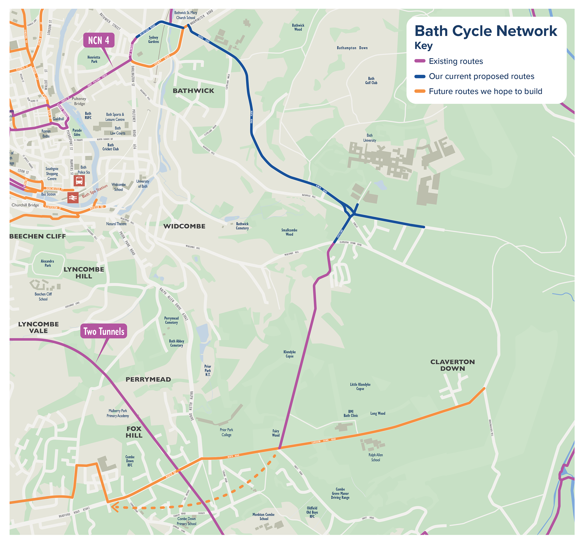map showing Bath's Cycle Network (south and east)