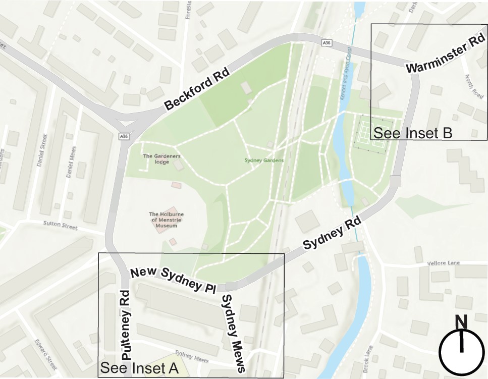 Map of the Sydney Road area in Bath with annotated numbers showing where changes will be made to the trial area. These changes and their locations are described in the corresponding web content.