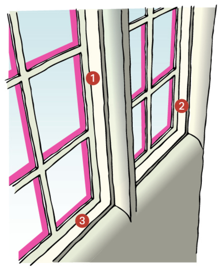 Metal casement windows with the numbers 1 to 3 in various places on it