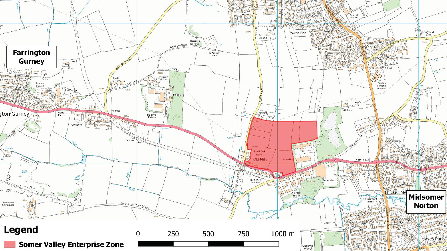 Image of site allocated for Somer Valley Enterprise Zone, adjoining the A362, Wickes and the spoil heap, on the north-eastern edge of Midsomer Norton