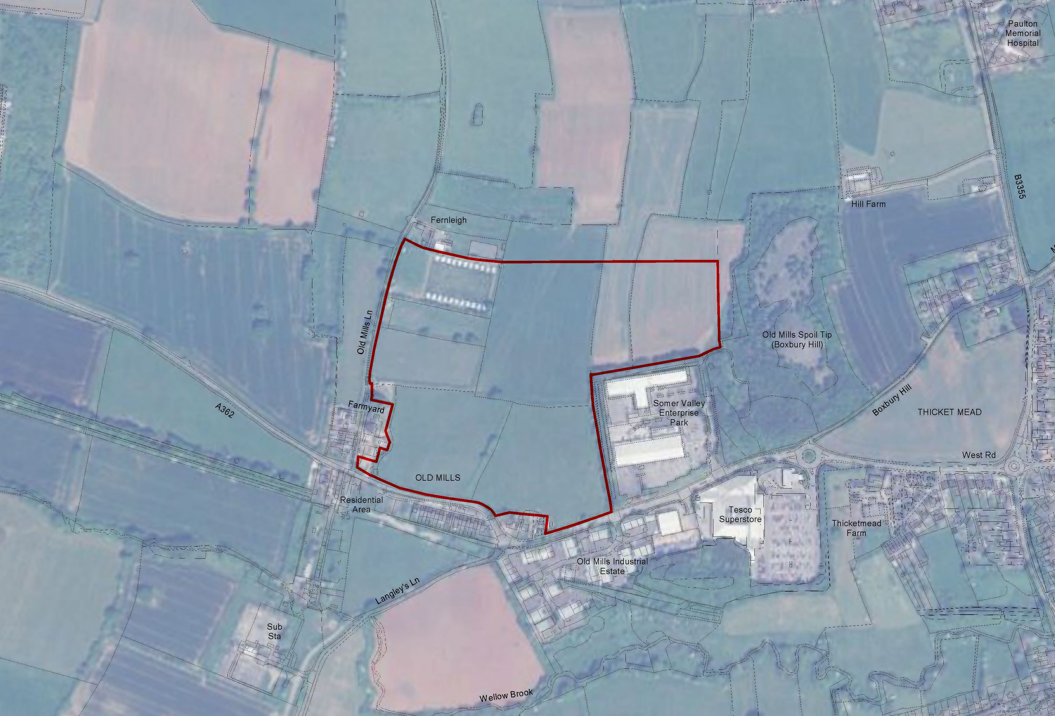 Image of site allocated for Somer Valley Enterprise Zone, adjoining the A362, Wickes and the spoil heap, on the north-western edge of Midsomer Norton
