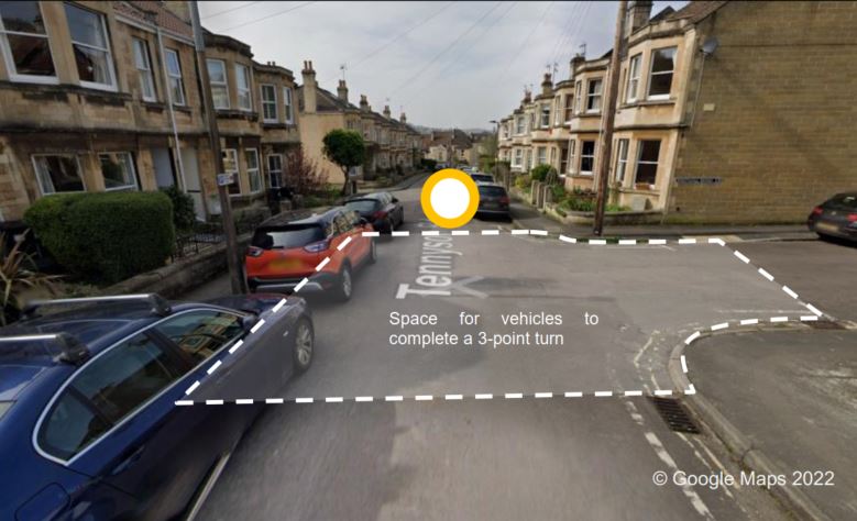 An image showing the three-point turn point east of the proposed modal filter on Tennyson Road