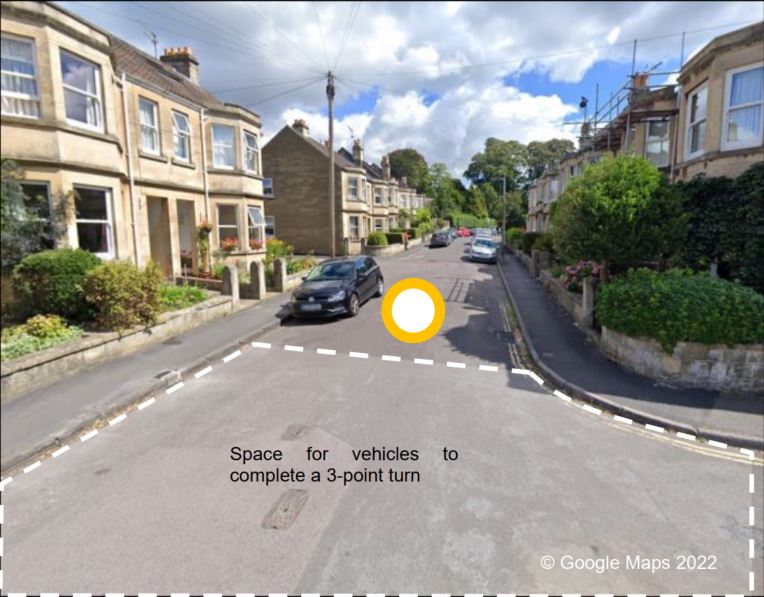 An image showing the three-point turn point west of the proposed modal filter on Tennyson Road