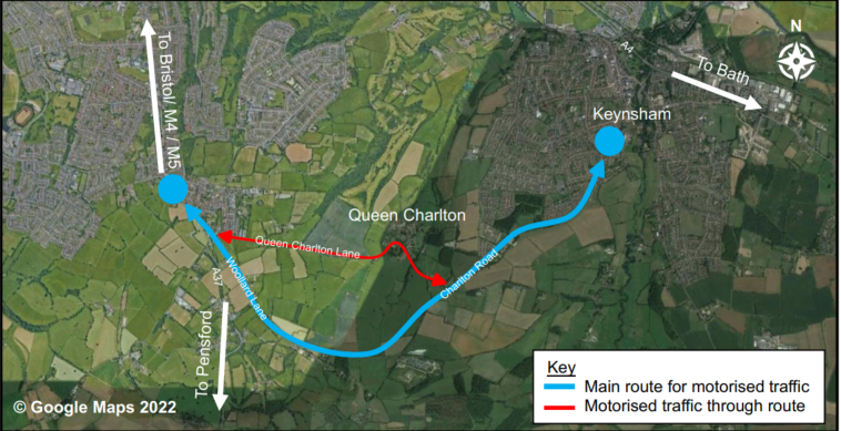 A map showing the through traffic route on Queen Charlton Lane