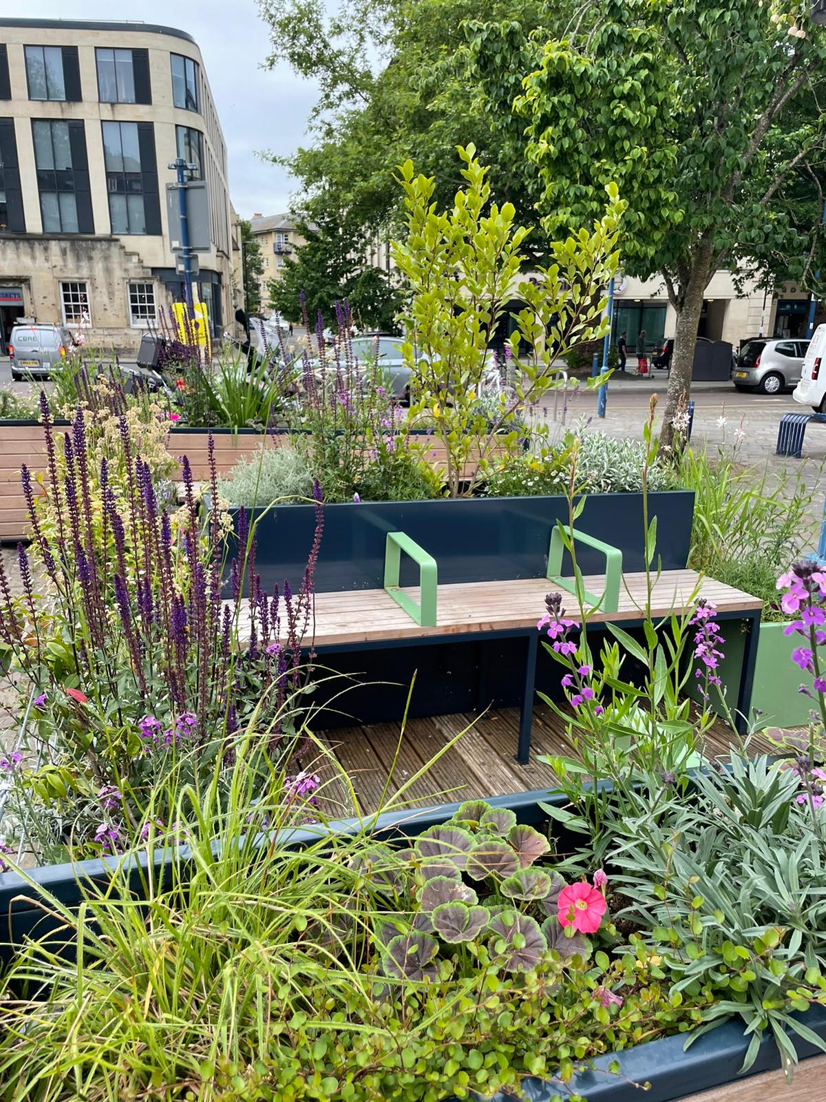 Close up image of a parklet in New Street