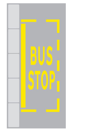 A rectangle marked on a road in yellow, using dashed and straight lines, with bus stop written in big yellow letters