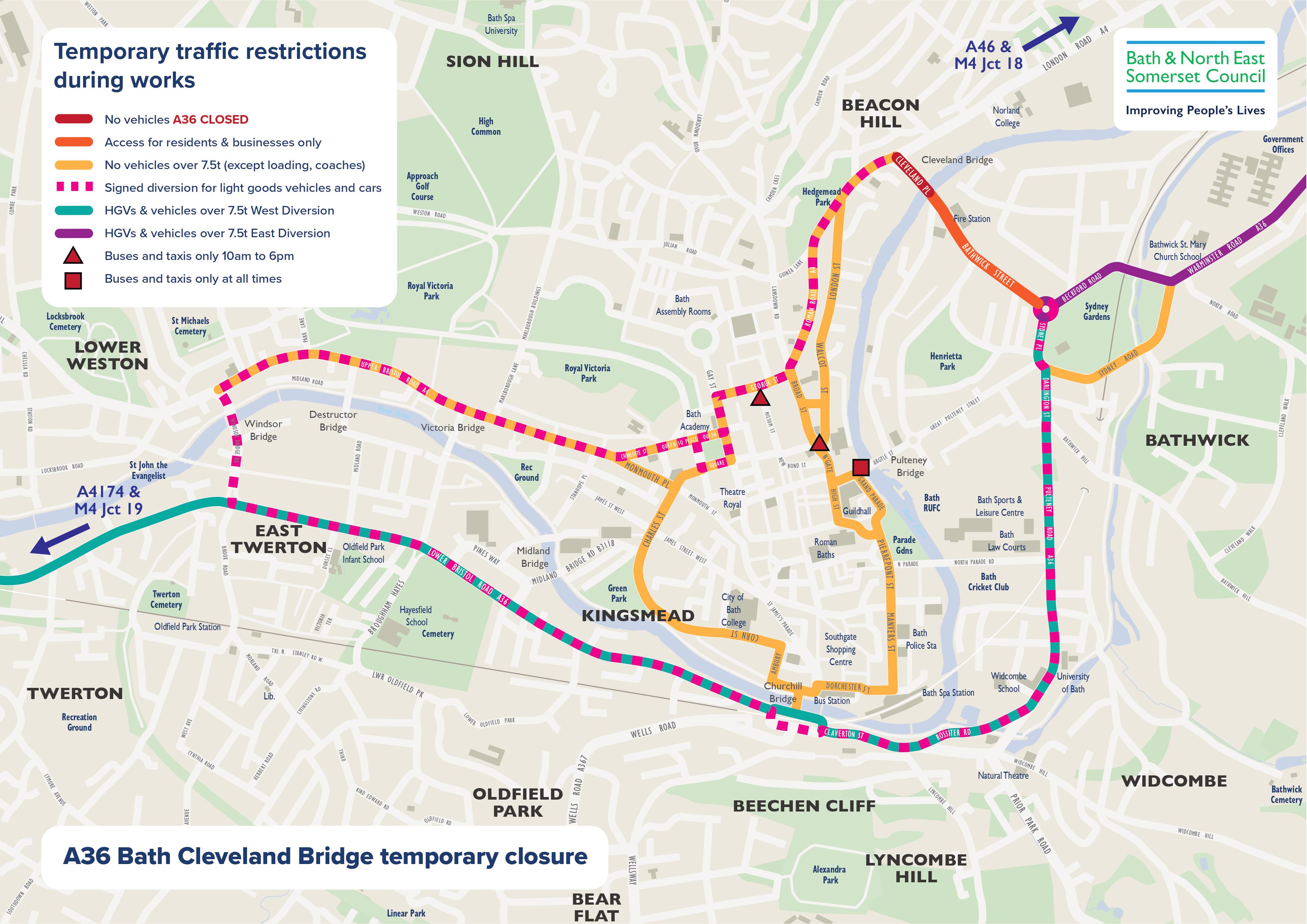 Map showing A40 and A36 diversions around Bath City Centre